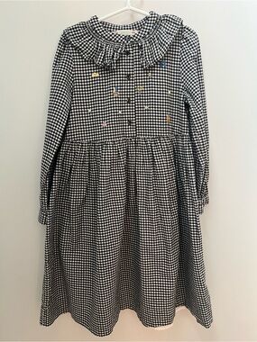 Bonpoint Black & White Gingham Long-Sleeve Dress with Ruffle Collar